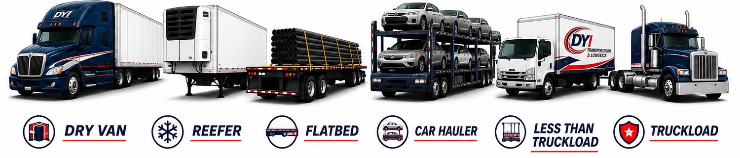 Dry van, reefer, flatbed, car hauler, less than truckload, and truckload service vehicles
